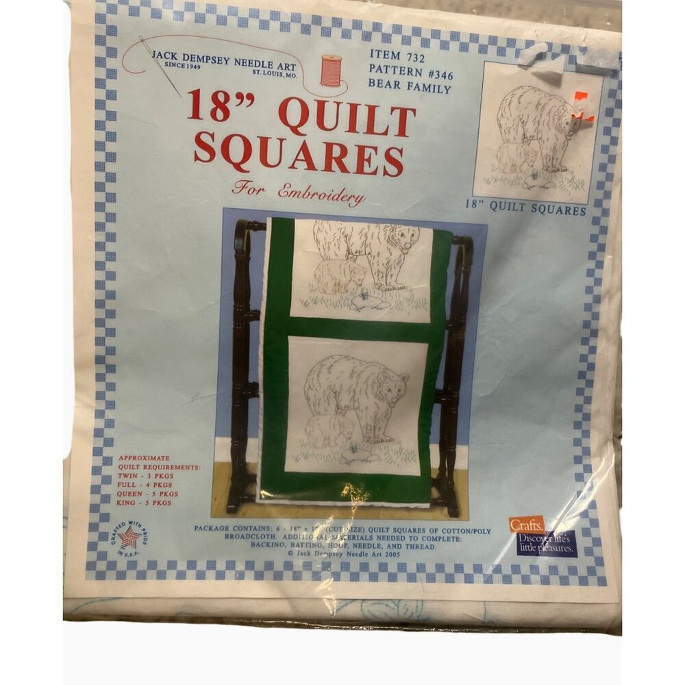 Quilt Squares Bear Family Embroidery Pattern Jack Dempsey Needle Art Craft Kit